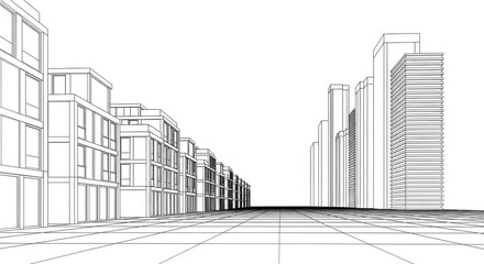 Obraz premium Architectural sketch of a modern city street with buildings on both sides and a perspective grid on the ground, isolated on white background