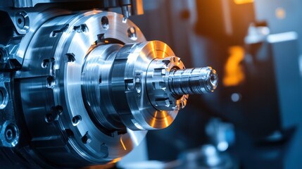 Obraz premium Close-up of a metalworking machine tool in action. Precision machining process,