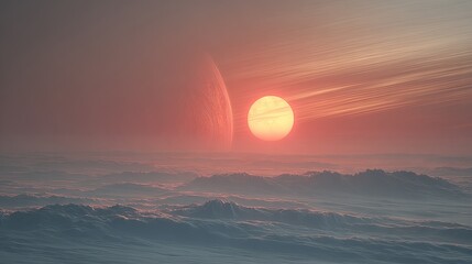 Alien sunset over a hazy, mountainous cloud layer