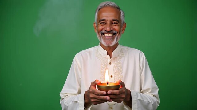 Joyful Indian elder man in kurta pajama holding glowing diya lamp for Diwali celebration, vibrant green screen background, 4k footage