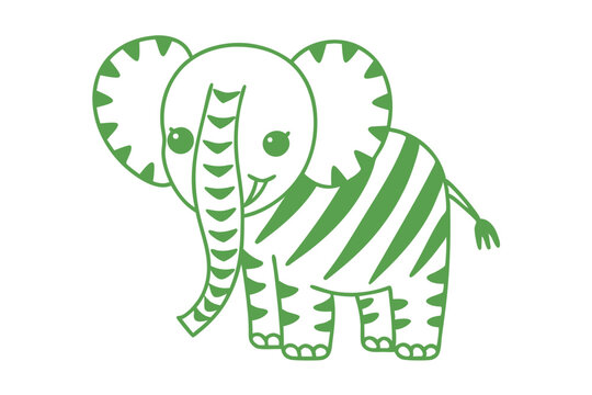 Naklejki Cartoon elephant with big ears and a striped body in a solid green color