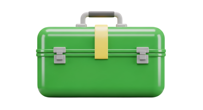 Green Tool Box with Clasps and Handle Isolated on White Background for Repair or Construction