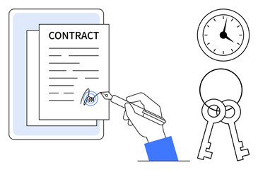 Hand signing a contract with a fountain pen, accompanied by a clock and two keys. Ideal for legal services, property rental, agreements, time management, deadlines, ownership and partnerships. A