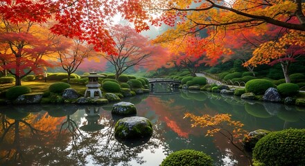 Serene Japanese Garden in Autumn with Vivid Red Maple Trees and Reflective Pond Landscape Scene