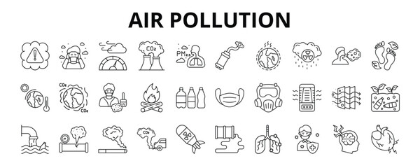 30 Air Pollution Line Icons Vector - Industrial Emission, Particulate Matter, Ozone Depletion, Acid Rain, Greenhouse Effect, Pneumonia 