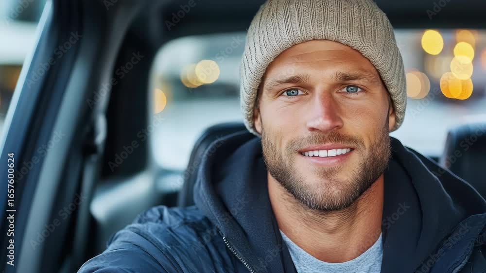 Poster smiling man in beanie and casual attire inside car, radiating warmth and friendly vibes