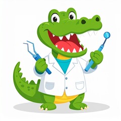 A cheerful crocodile dentist holds dental tools, ready to provide a smile-inducing checkup.