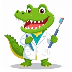 A friendly crocodile dentist, dressed in a white lab coat, holds dental tools, ready to care for young patients.