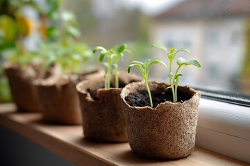Young green seedlings growing in biodegradable pots on a windowsill, symbolizing new life and growth