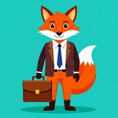Obraz premium A charming fox in a business suit carries a briefcase against a vibrant teal backdrop.