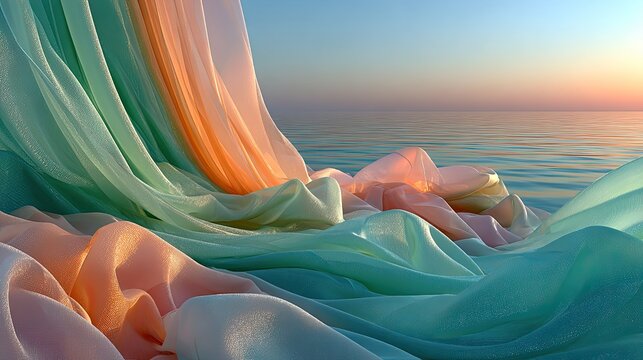 Colorful fabric drapes over calm ocean at sunrise