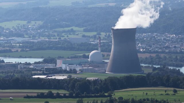 Aerial drone video of the Leibstadt Nuclear Power Plant (KKL) in Switzerland