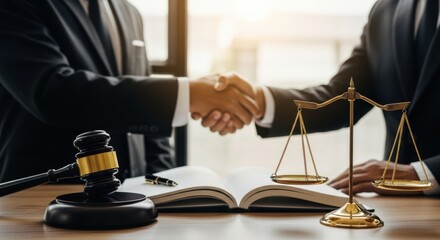 Two lawyers shaking hands over an open book with a gavel and scales of justice on a table, symbolizing legal agreement and justice