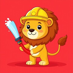Obraz premium A cute lion firefighter holds a fire hose against a vibrant red background.