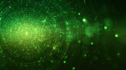 Radial green glowing rays with bokeh circles on dark gradient background for big data visualization and green tech wallpaper