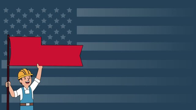 illustration of a Labor Day background with the American flag and a construction worker holding a red banner, symbolizing labor, unity, and national pride.