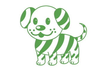 Delightful cartoon puppy with green stripes stands cheerfully against a stark white backdrop
