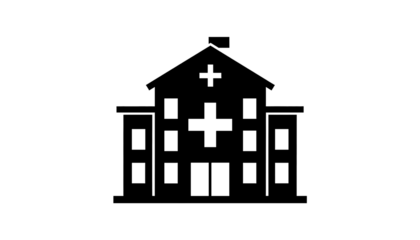 Silhouette of a hospital building with medical cross symbol and flag, outline vector illustration, isolated on black background, healthcare architecture icon design