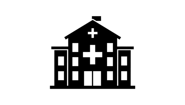 Silhouette of a hospital building with medical cross symbol and flag, outline vector illustration, isolated on black background, healthcare architecture icon design