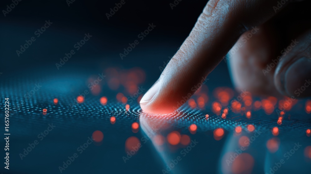 Poster close-up of a hand touching a reflective with colorful bokeh lights in the background, creating an a