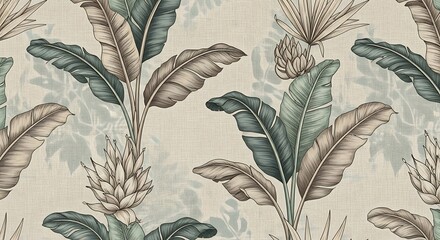 Ai generated image of seamless pattern of banana leaves and tropical plants in muted colors