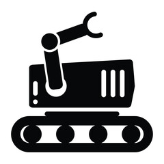 Industrial Robotic Arm on Conveyor Belt in Solid Black Icon.