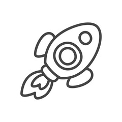 Cute spaceship icon. Hand drawn illustration of funny space rocket flying upward. Kawaii sticker. Vector 10 EPS.