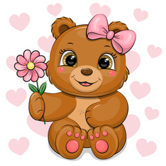 Fototapeta premium Cute Cartoon Bear with pink flower and bow. Vector Illustration with animal on white background with pink hearts.