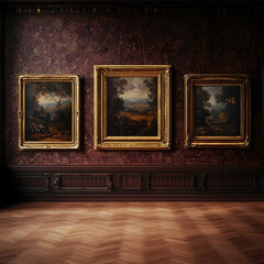 Empty oil painting frames with gold borders on the walls of a palace with dark dark reddishbrown wallcoverings