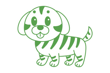 Cartoon striped puppy happily smiles, showing its tongue, and it stands on a white surface
