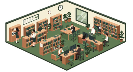 Obraz premium Isometric view of people working and studying in a modern library with bookshelves, computers, and plants.