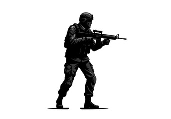 Silhouette of a Soldier in Combat Stance isolated on transparent background