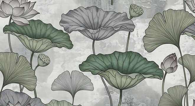 Ai generated image of artistic drawing of lotus leaves in muted green, grey, and purple hues