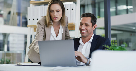 Accounting, collaboration and laptop with business people in office for feedback or review. Computer, conversation and financial management with employee team in workplace for investment or savings