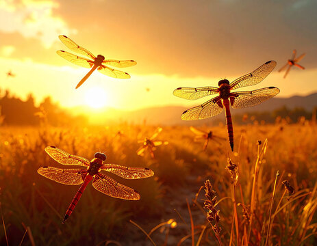 赤とんぼの群れ 秋 ススキ 夕暮れ-red dragonfly / autumn / silver grass / evening / Generated image-