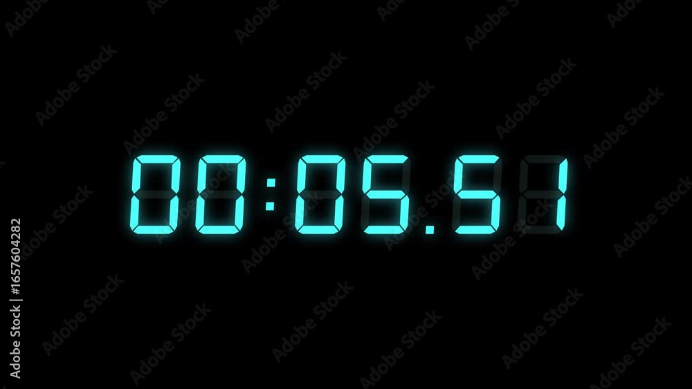 Poster 6 digits turquoise digital countdown timer starting at 00:10:00 (10 seconds) on black background, fe
