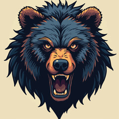 Vector Illustration of Fierce Bear Head with Aggressive Expression in Modern Stylized Design with Dark Blue Brown and Black Colors