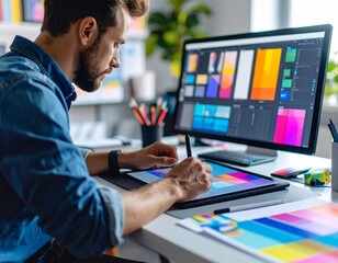 A graphic designer working on a colorful digital illustration at a modern desk, surrounded by art supplies and a tablet, vibrant and creative atmosphere, ultra-detailed, 4K resolution