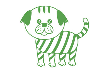 A playful puppy with green stripes smiles sweetly on a white background picture