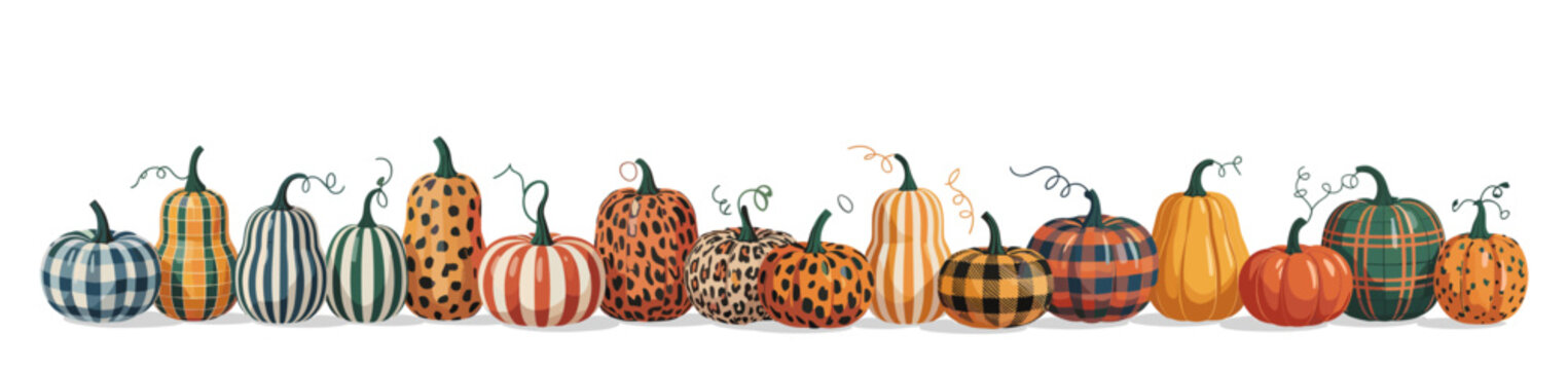 Border, frame with patterned pumpkins in plaid, stripes, and polka dots, perfect for autumn, fall decor, Thanksgiving, Halloween, and seasonal greeting card designs. Flat vector illustration isolated
