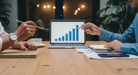Two business professionals discussing a growth chart on a laptop during a meeting, highlighting financial analysis and successful strategy