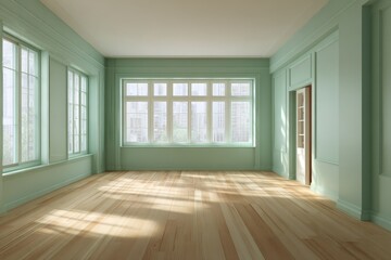 Obraz premium Empty room with pale sage green walls, large windows, and light hardwood floors, showcasing a sunlit interior.