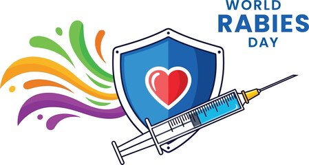 Illustration of world rabies day with vaccine and shield vector graphic of syringe, heart, and protection for health