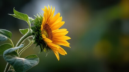 Close up of  vibrant yellow sunflower with green leaves and stem against  softly blurred background