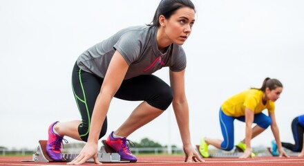 Female athlete in starting blocks on a running track, ready for a sprint race, focused and determined