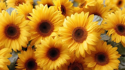 Fototapeta premium close up view of bright yellow sunflowers with dark brown centers showcasing their detailed petals and green foliage