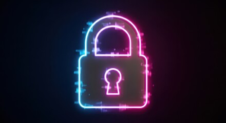 Glowing Neon Padlock Symbol on Dark Background, Cyber Security Concept
