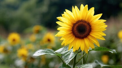 Fototapeta premium Close up of bright yellow sunflower with dark center its petals unfurled against softly blurred green background with other sunflowers