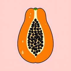 Fototapeta premium A stylized, vibrant depiction of a sliced papaya, showcasing its orange flesh and black seeds against a soft pink background.