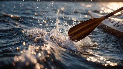 Paddling canoe through shimmering water with wooden paddle creating splashes